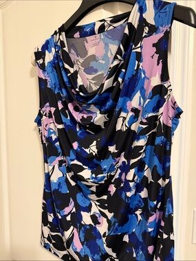 Watercolor Print Sleeveless Cowl Neck Top in Blue & Black with matching skirt